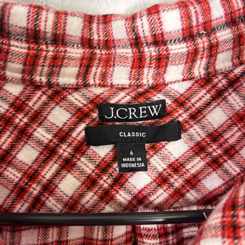 J. Crew‎ Red & White Plaid Classic Fit Collared Button Up Flannel Top Size 6